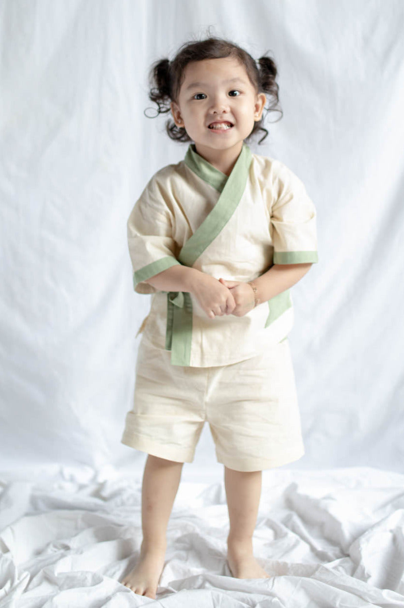 Kid's Kimono Sage and Beige Colorway
